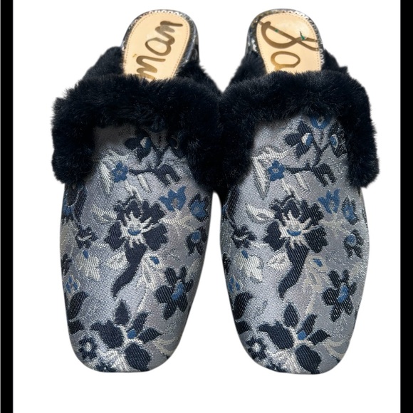 Sam Edelman Blue Floral Tapestry Mule With Faux Fur Trim Size 8 - Picture 2 of 7